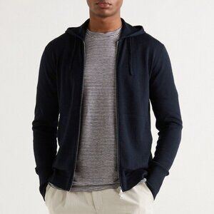 Officine Generale Merino Wool Zip-Up Hoodie in Navy Size Small